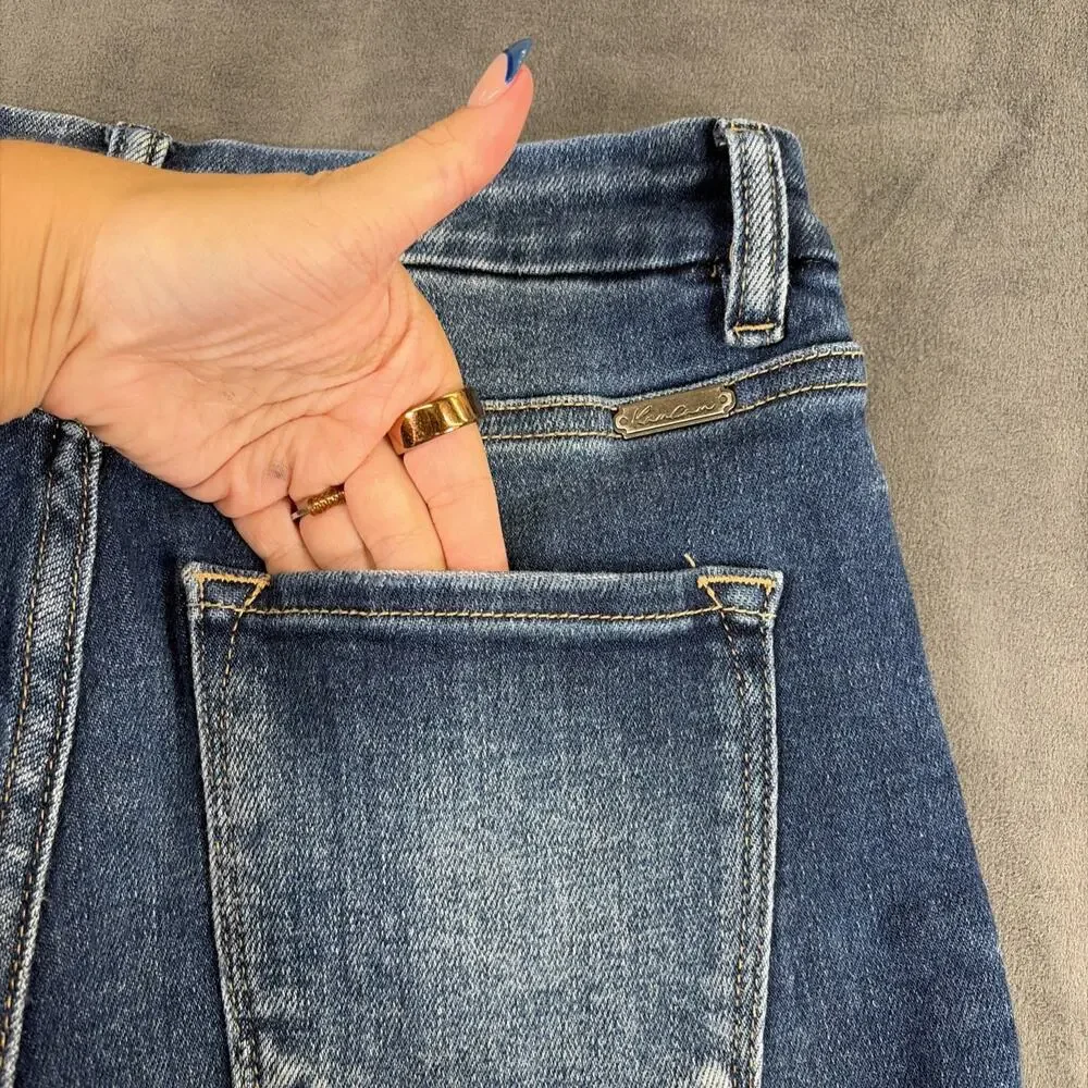 Kancan Kurvy Mid Rise Super Flare Frayed Hems Jeans Size 26×30 Bnfts Charity
